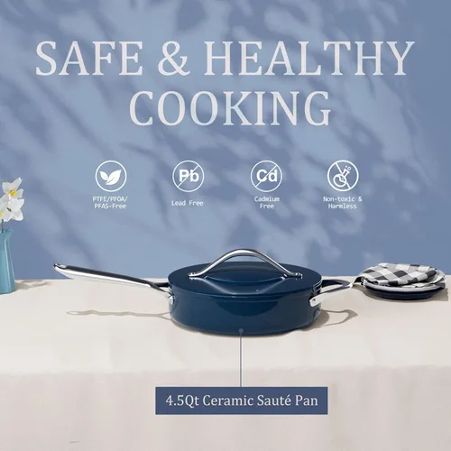 Miniatura 2 de CookinCraze Sartén Salteadora Antiadherente de Cerámica con Tapa (4.5 qt, 11") Sartén Profunda para Freír para Todas las Estufas Sartén No Tóxica