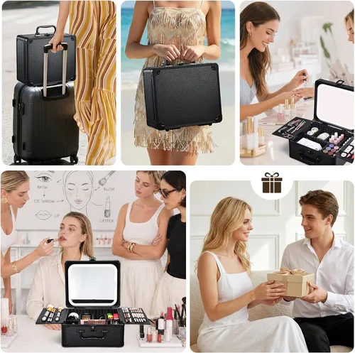 Miniatura 5 de Faquenc Estuche de maquillaje con espejo iluminado magnético, caja organizadora de maquillaje, estuche de cosméticos de viaje con espejo LED de 3
