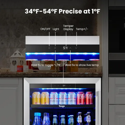 Miniatura 7 de Yeego Refrigerador de bebidas – Mini refrigerador de 24 pulgadas con 180 latas con puerta de vidrio, 34-54 ℉ bajo mostrador refrigerador integrado