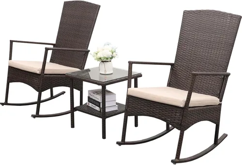 Miniatura 7 de Mecedora de mimbre de polietileno para exteriores, juego de 3 piezas, 2 sillones mecedores, mesa auxiliar de café, muebles lavables con cordones
