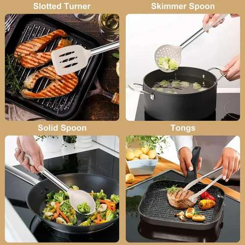 Miniatura 4 de E-far Juego de utensilios de cocina de silicona, 7 piezas de utensilios de cocina resistentes al calor con mango de acero inoxidable, espátula Caqui