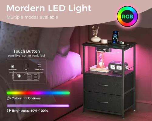 Miniatura 5 de Casaottima Mesita de noche con estación de carga y luces LED, mesa auxiliar para dormitorio con 2 cajones de tela, pequeña mesita de noche con Negro