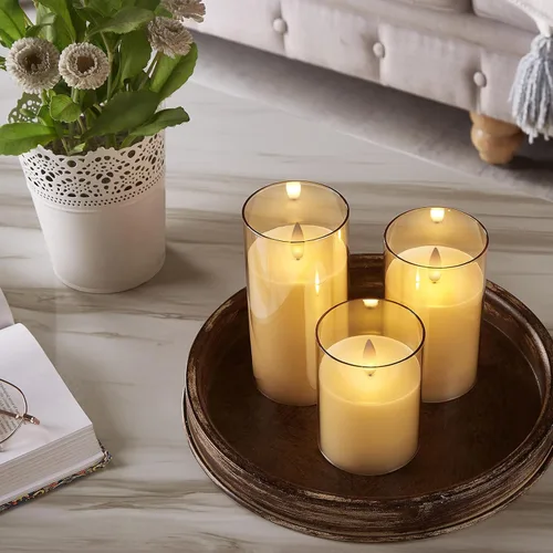 Miniatura 5 de Velas de pilar sin llama de vidrio parpadeantes con temporizador remoto, velas LED de cera real con llama en movimiento 3D operadas por batería