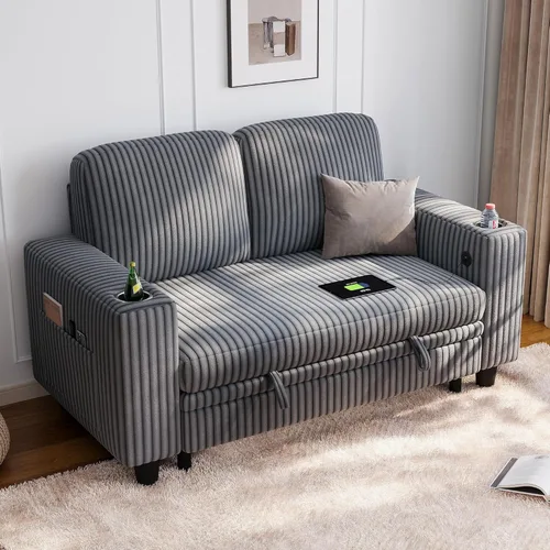 Miniatura 31 de LINSY HOME Sofá cama modular extraíble para sala de estar (beige, sofá cama 1) Sofá cama extraíble, almacenamiento, carga USB, portavasos, pana