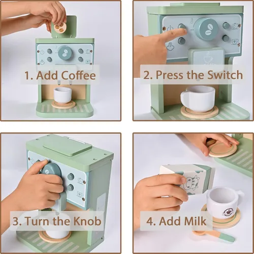 Miniatura 3 de Juguetes de Madera para Niños Accesorios de Cocina de Juguete para Niños Pequeños Cafetera de Café Verde Máquina de Espresso Juego de Cocina