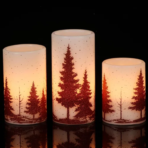 Miniatura 11 de Velas de Navidad sin llama con calcomanías de reno plateado, paquete de 3 velas LED de vidrio a pilas con temporizador remoto, velas de pilar