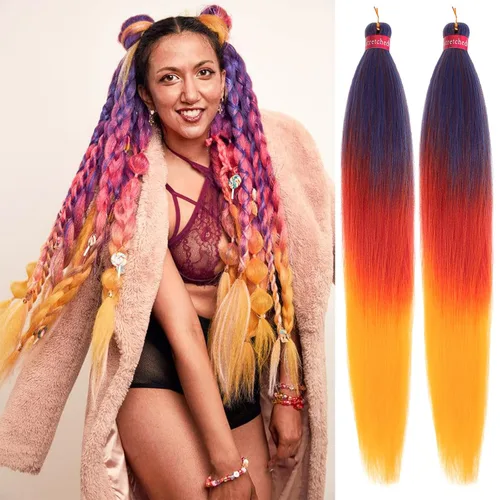 Miniatura 17 de Cabello trenzado preestirado, cabello trenzado degradado de 28 pulgadas, paquete de 8 extensiones de cabello trenzado de mezcla de colores sedosos