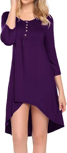 Miniatura 3 de Naggoo - Camiseta de manga 34 para mujer, diseño holgado y largo tipo túnica con cuello en V, botones, dobladillo asimétrico, casual, tallas S a 3XL