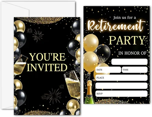 Miniatura 11 de Invitaciones para fiestas de jubilación, tarjetas de invitación de jubilación negras y doradas para hombres, mujeres, enfermeras, profesores