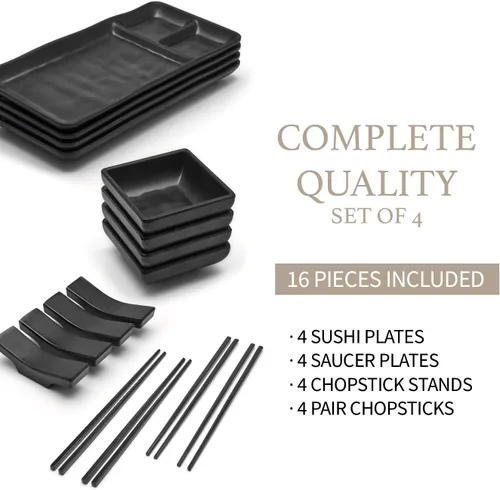 Miniatura 3 de Juego de servir de sushi, con 4 platos japoneses para servir sushi, 4 platos de salsa de soja, 4 pares de palillos y 4 soportes para palillos, juego