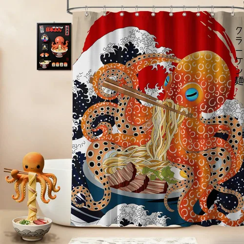 Miniatura 18 de Cortina de ducha estrecha con diseño de gato negro y animé japonés para casa rodante, juegos de decoración de baño, tela impermeable con ganchos, 36