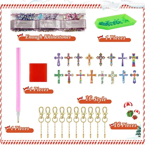 Miniatura 3 de YUE ZHE 16 piezas de arte de diamantes cruzados para adultos, llaveros de arte de diamante de doble cara, en forma de cruz, pintura 5D, kits