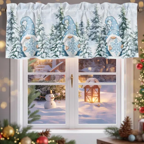 Miniatura 24 de Cenefas de gnomo de invierno para cocina, cafetería, cenefa de ventana de pino nevado de Navidad, cortinas cortas de copo de nieve azul, 60 x 18
