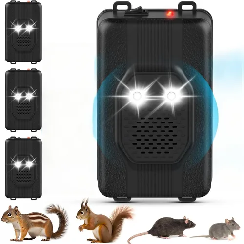 Paquete de 4 repelentes de roedores para motores de automóvil, disuasorio ultrasónico para ratones con 3 modos de alimentación (batería/USB/DC),