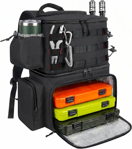 MATEIN Mochila para Pesca, Bolsa de Equipo de Pesca Resistente al Agua con Soportes para Caña de Pescar y Enfriador, Regalos de Equipo para Hombres