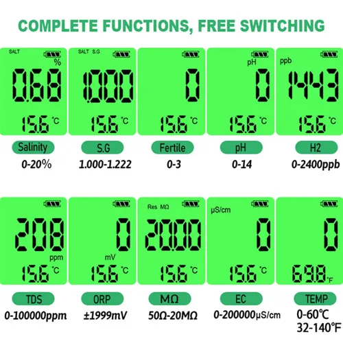 Miniatura 5 de 10 en 1 probador de calidad del agua PH/TDS/sal/SG/ORP/EC/hidrógeno/resistividad/temp/nutrientes multifunción pluma de prueba para piscina acuario
