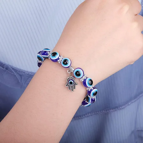 Miniatura 3 de SUMMER LOVE Pulsera elástica de ojo turco Hamsa con cuentas azules y cuentas para protección y bendición de mano de Fátima