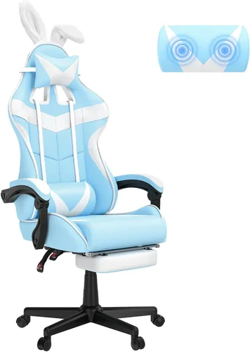 Soontrans Silla de juegos azul claro con reposapiés, bonita silla de videojuegos de conejo, silla de escritorio Kawaii para nieta, hermana, novia,