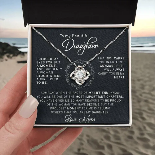 Miniatura 7 de John-dhh Collar con texto en inglés "To My Beautiful Daughter", regalo de mamá a hija, collar de nudo de amor, regalo de graduación, regalo