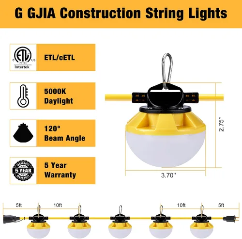 Miniatura 7 de Luces de cadena de construcción de 50 pies con jaula protectora, luces de trabajo LED de cadena impermeables IP65, luz diurna 5000K con cable 18AWG