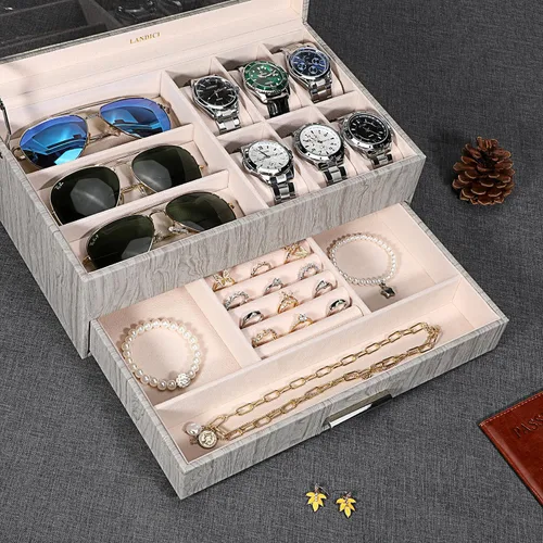 Miniatura 2 de LANDICI Caja organizadora de relojes para hombres y mujeres, 2 capas y 6 ranuras de piel sintética con parte superior de cristal, soporte grande