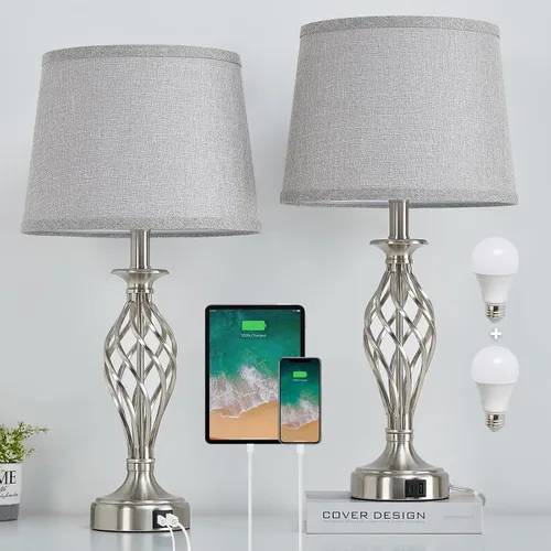 Miniatura 12 de Juego de 2 lámparas de mesa para dormitorio con puertos USB C+A, lámparas modernas de mesita de noche con base de jaula en espiral, pantalla de Base