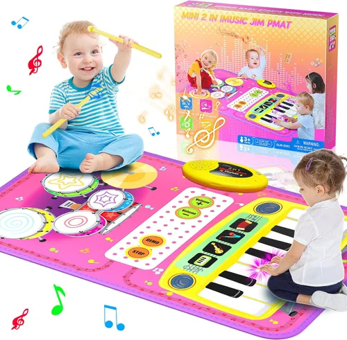 Juguetes de Alfombra Musical 2 en 1 para niños de 1, 2, 3, 4, 5 años, teclado de piano y batería con 2 baquetas, juguetes educativos de aprendizaje