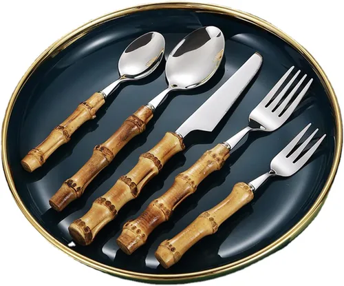 Miniatura 9 de juegos de cubiertos plateados de bambú, juegos de cubiertos de bambú para 18, juegos de cubiertos de cocina domésticos, se recomienda lavar a mano