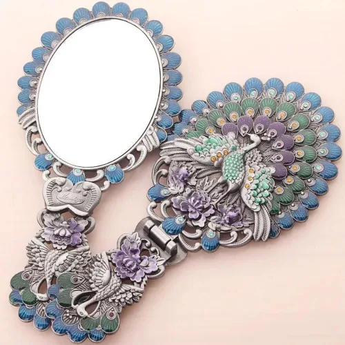 Miniatura 4 de Rayberro Espejo de mano vintage con juego de peine, espejo de mano vintage de pavo real en relieve metálico, espejo de maquillaje para la cara