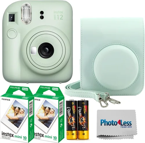 Fujifilm Instax Mini 12 - Cámara de película instantánea color verde menta, paquete doble de película instantánea Fujifilm Instax Mini 20