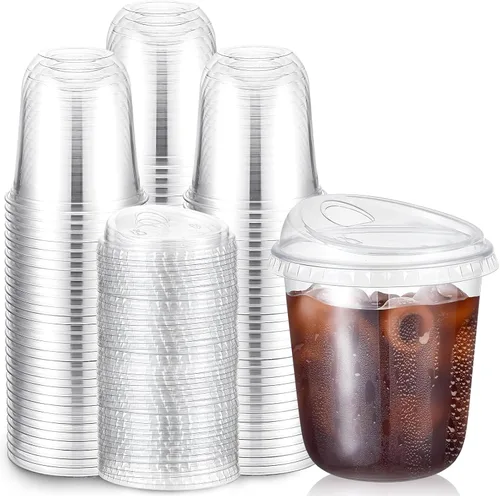 Baderke 100 Vasos de Plástico con Tapas para Sorber Fondo Redondo Vasos de Café de Plástico Desechables con Tapas Tazas de Cristal Transparentes sin