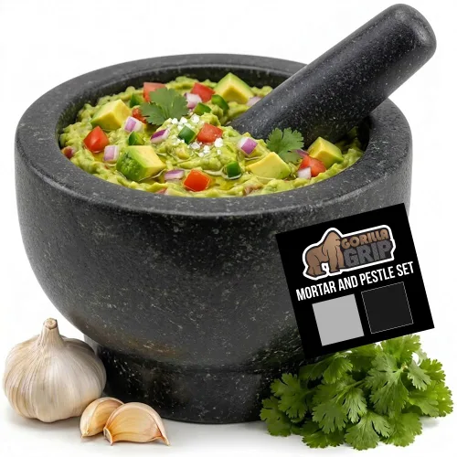 GORILLA GRIP Juego de mortero y mazo de servicio pesado con base antideslizante, 100% piedra de granito molcajete tazón de guacamole, moler semillas