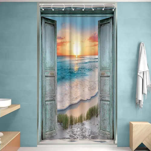 Miniatura 21 de Riyidecor Cortina de ducha para puerta de granero verde azulado para decoración de baño, 36 pulgadas de ancho x 72 pulgadas de alto, paisaje