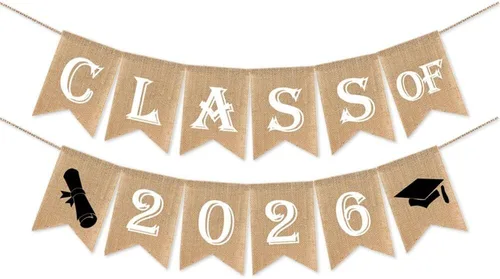 SWYOUN Cartel de arpillera para fiesta de graduación de la clase de 2026, decoración de aula de grado 2026, suministros de fiesta (blanco)