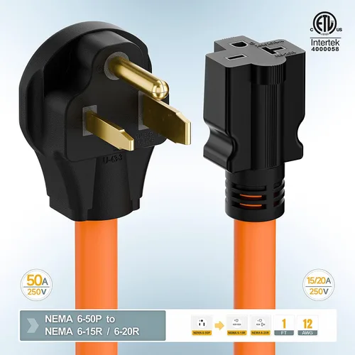 Miniatura 6 de Cable adaptador de corriente para soldador de 1.5 pies Nema 6-50P a 6-15R/6-20R, adaptador de hoja T 6-50P de 50 amperios a 6-20R 20A, 6-50 a 6-20R