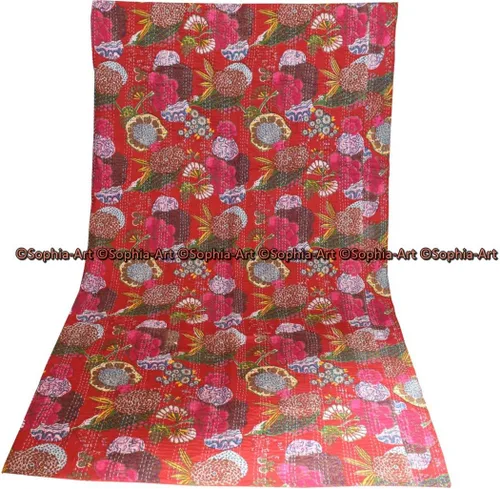 Miniatura 14 de Sophia-Art Colcha reversible de frutas indias para cama individual/king con patrón Gudri de algodón puro estilo Kantha, colcha decorativa con Rosa
