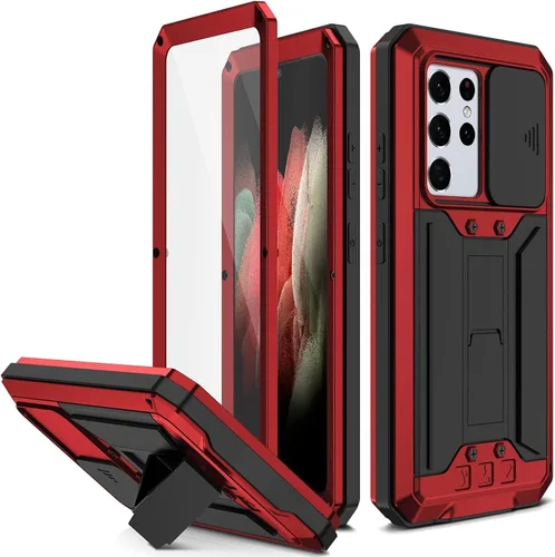 Compatible con Samsung Galaxy S21 Ultra 5G, aluminio metal Gorilla Glass a prueba de golpes militar resistente funda protectora rígida (rojo, S21