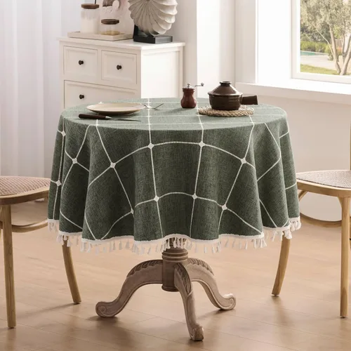 Miniatura 107 de ZeeMart - Mantel de mesa con diseño de cuadrícula boho y borlas (blanco roto, 132 cm x 132 cm), mantel de gran peso de lino a cuadros bordado