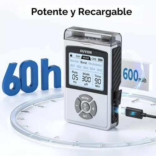 Miniatura 6 de AUVON - Unidad TENS Digital Recargable, Estimulador Muscular con Batería de 600 mAh, Máquina TENS con 8 Modos Personalizables, Masajeador Eléctrico