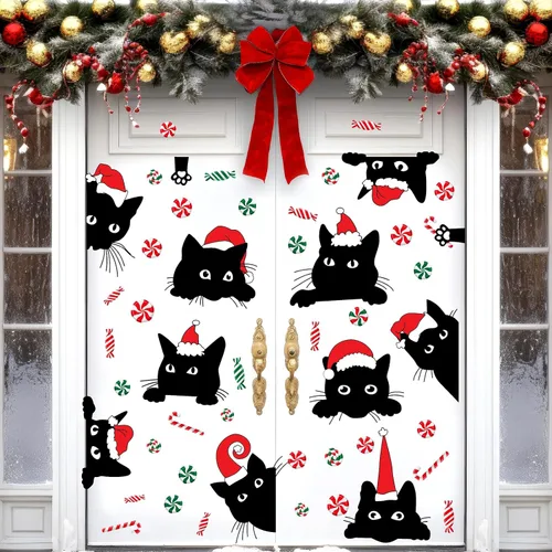 Miniatura 4 de Adhesivos de ventana de Navidad para ventana de Navidad, gato negro y menta, calcomanías de pared para decoración de ventanas de tienda de vidrio
