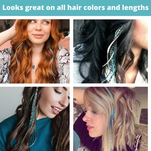 Miniatura 6 de Kit de extensiones de plumas de cabello, plumas de gallo largas reales para cabello con cuentas de microenlace y herramienta de bucle, turquesa