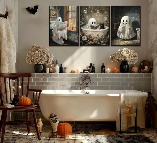 Miniatura 4 de 3 pósteres de fantasmas de Halloween, arte de pared, fantasmas de terror y gato negro en el baño, decoración de pared, imágenes góticas oscuras