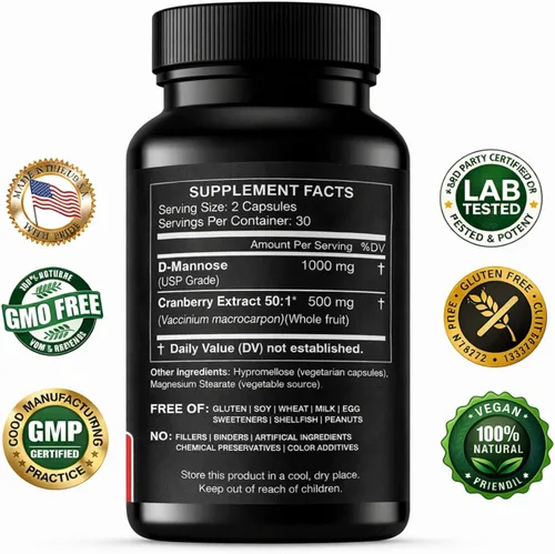 Miniatura 2 de HCL HERBAL CODE LABS Cápsulas de D-manosa con extracto de arándano de 1500 mg - Suplemento D-manosa de grado USP de alta potencia con polvo