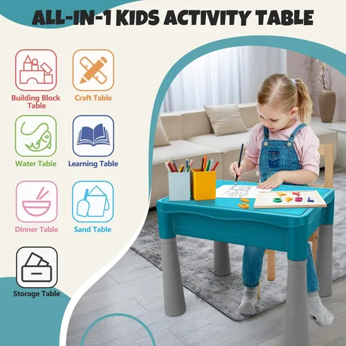 Miniatura 3 de Mesa de actividades para niños de doble cara con almacenamiento, mesa multiactividad todo en uno, 105 piezas de bloques de construcción con pista