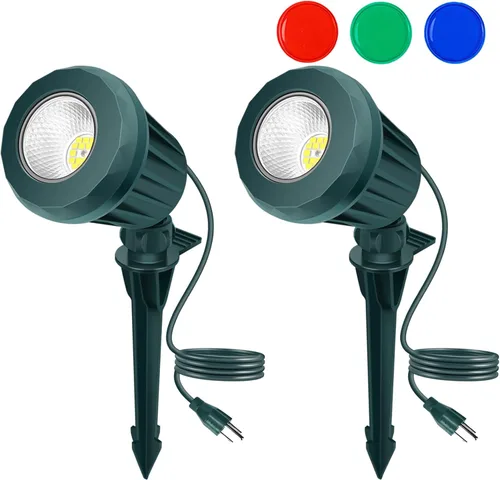 Foco para exteriores – Enchufe de 120 V, 2700 K, luces LED de paisaje blanco cálido con 3 lentes RGB para patio, jardín, césped y decoración de