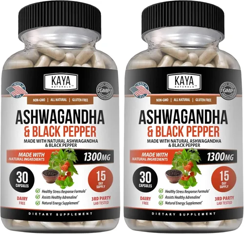 Miniatura 11 de Kaya Naturals Raíz de Ashwagandha con pimienta negra Suplemento adaptógeno de máxima fuerza de 1300 mg, ayuda a la salud suprarrenal, glandular