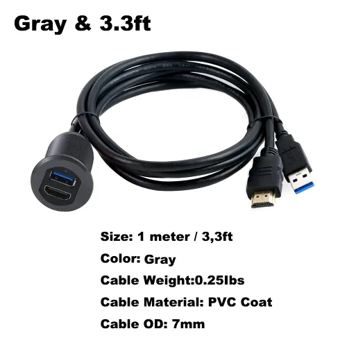 Miniatura 2 de MysRuida - Soporte USB 3.0 y HDMI con luz, 3.3 pies USB 3.0 macho a hembra y HDMI 4K macho a hembra, cable de extensión de montaje en panel