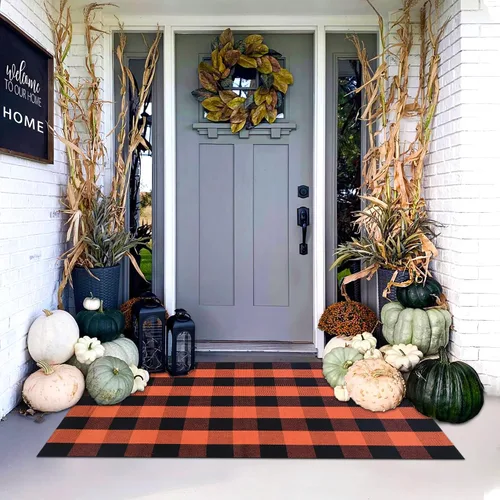 Miniatura 3 de Alfombra a Cuadros Naranja y Negra, 3 x 5 Pies, Alfombra Decorativa de Otoño para Puerta Delantera al Aire Libre, Alfombra de Algodón Lavable Tejida