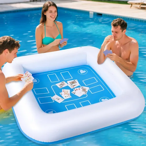 Miniatura 4 de Mesa de juego inflable para piscina con cartas impermeables (35.5 x 35.5 pulgadas, azul/blanco)