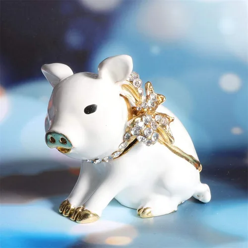 Miniatura 4 de Waltz&F Cerdo blanco con lazo hecho a mano estaño baratija caja de joyería soporte anillo figura decorativa coleccionable